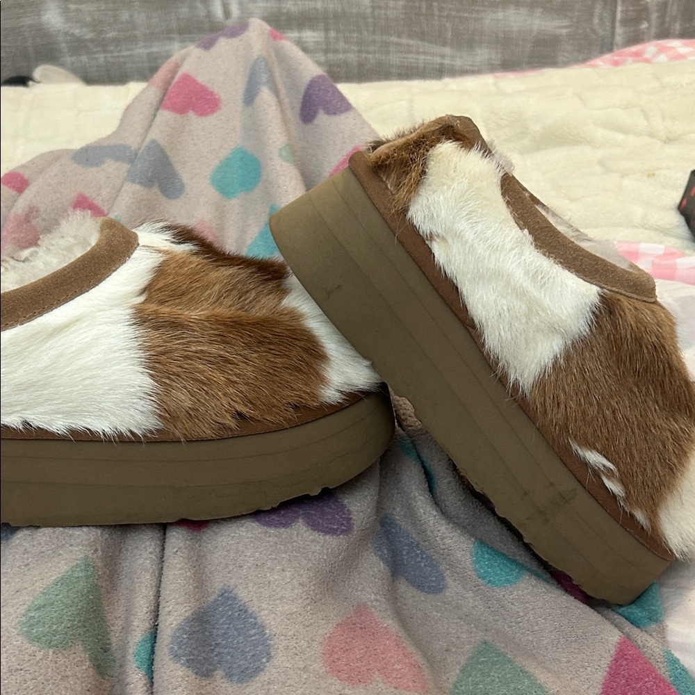 Brown and White Fur Slip-On Platform Shoes